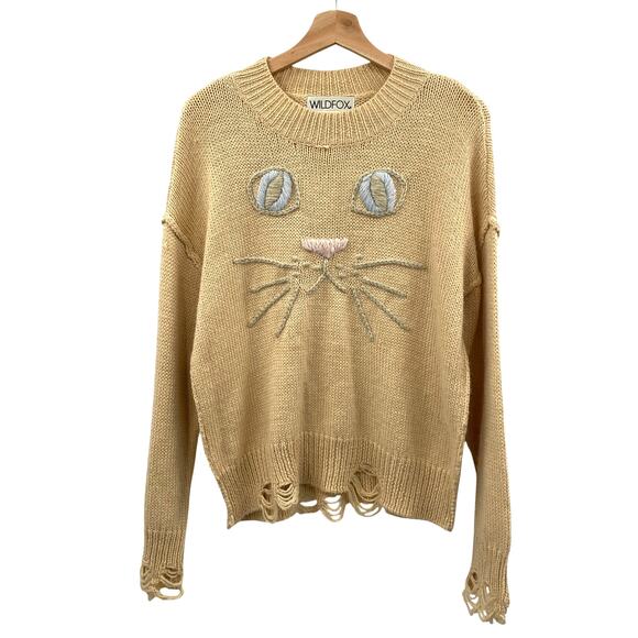Wildfox tan kitty cat distressed sweater - Picture 2 of 6